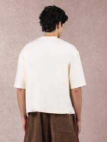 SUMWON 短款修身系列宽松版型基本款T恤，饰有低调的字母印花，简约设计，街头风，优质纯棉，春夏休闲纯色 - 杏色 - 查看 2