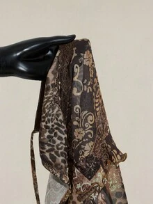 SHEIN ICON 女士复古佩斯利印花拼接不对称下摆可爱性感上衣，秋冬豹纹上衣，棕色上衣，动物纹上衣，蛇纹上衣，女士上衣，优雅时尚 - 摩卡棕 - 查看 11