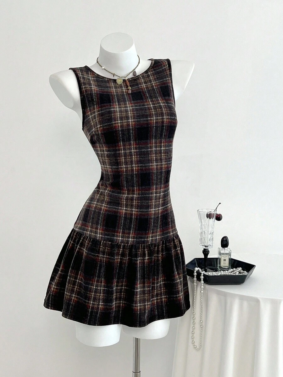 Elamini Vintage Collegiate Style Brushed Plaid Mini Dress - Multicolor - View 1