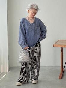 FRIFUL 女士休闲水洗落肩宽松牛仔衬衫 女士牛仔上衣 牛仔上衣 宽松衬衫 长袖牛仔上衣 - 藍色 - 查看 3