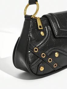 SHEIN SXY 女士、女式单肩包、流浪包、复古、铆钉、复古、街头、时尚、优雅、简约、个性化、多功能、适合通勤、办公室、约会、日常、购物、下午茶 - 黑色 - 查看 8