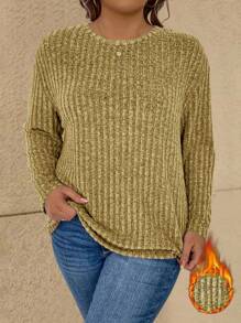 Vionelle Plus Size Women Drop Shoulder Casual Ribbed Knit Pullover T-Shirt, Autumn/Winter - Yellow - View 3