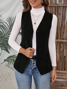 EMERY ROSE Áo khoác nhung kẻ trơn đơn giản, mặc thường ngày cỡ lớn dành cho nữ, mùa thu - màu đen - Xem 5