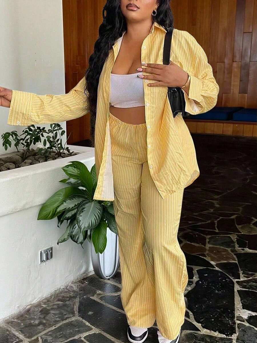 2pcs Plus Size Striped Print Button Front Shirt And Pants Set Fall Cloth For Women - Yellow - View 1