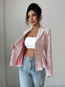 Elenzga Autumn/Winter New Knitted Elastic Chic Fashion Elegant Cinched Waist Design Shoulder Long Sleeve Women Plaid Jacket Fall Cloth For Women - Multicolor - View 8