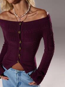 TRNVIE Slim Fit Off Shoulder Sweater, Solid Color Long Sleeve Women Cardigans - Purple - View 3