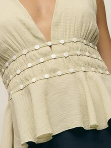 Nöista Sage Green Summer Elegant Vacation Holiday Women's V-Neck Ruched Waist Top With Covered Buttons,Flowy Peplum Hem Textured Boho Luxury Party Wedding - Apricot - View 6