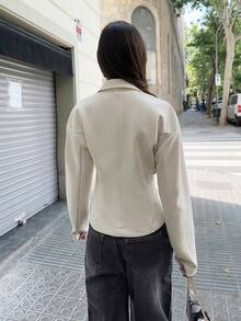 Siren Gaze 秋季优雅正式女式短款西装外套，2025 年新款女式秋季服装卡其色绒面革缺口领单排扣腰部收紧西装外套，适合办公室工作、商务休闲、外出聚会、毕业典礼，奢华老款西装外套适合冬季过渡 - 杏色 - 查看 6