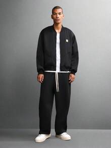 SUMWON Crop Fit Classic Full Zip Jersey Bomber Jacket With Side Pockets Minimalist Design Essential Lightweight Casual Fall Winter Streetwear Plain - Black - View 5