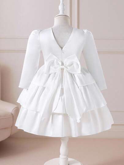 Glamorique Kids Vestido de pastel de manga larga con diseño de lazo grande 3D y color blido, adecuado para fiesta y niña de las flores