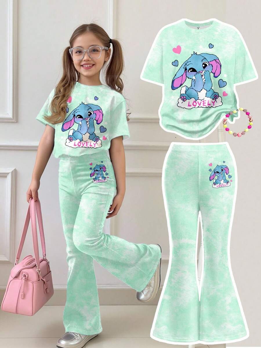 SHEIN 2pcs/Set Young Girl Casual Cartoon Rabbit Lulu, Stitch Pattern Tie-Dye Round Neck Short Sleeve T-Shirt And Flare Pants Outfit, Suitable For Summer, Autumn Tween Girl Clothes Pants Set Mermaid Pajamas Girls Tween Girl Matching Set Girls Bell Bottom Sets Teen Girl Pajamas Sets - Multicolor - View 1
