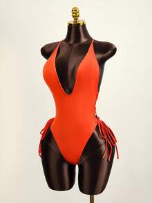 Zestiva 2026 春夏女士新款可调节细肩带深 V 领橙色度假比基尼泳装，无钢圈 - 橘色 - 查看 4