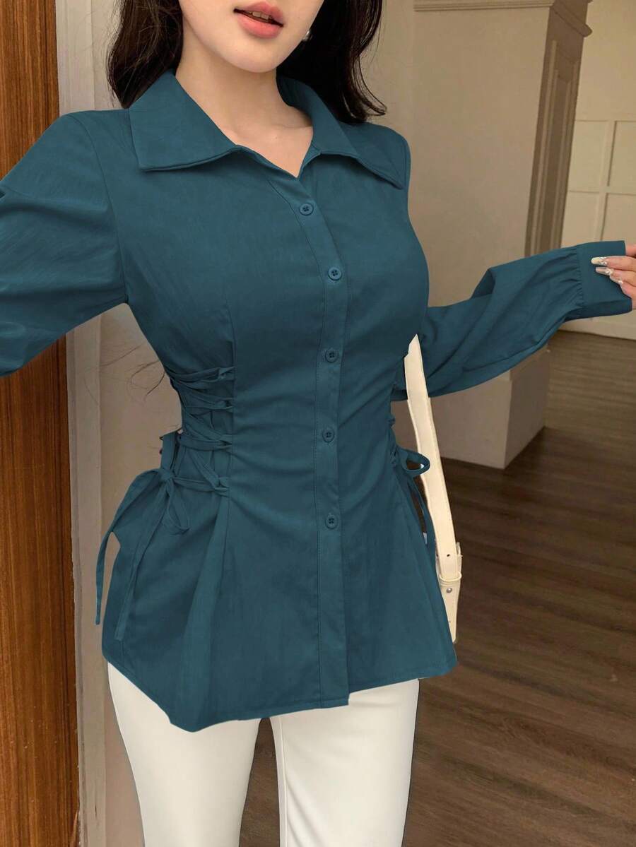 Modelyn 纯色系带优雅抽绳领带时尚衬衫蓝绿色衬衫紧身胸衣衬衫蓝绿色衬衫蓝绿色上衣女士衬衫
