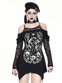 ROMWE Váy ngắn tay dài in hình đầu lâu mèo Gothic, viền bất đối xứng, dây trễ vai, ren tương phản, màu đen, phong cách Halloween - màu đen - Xem 2