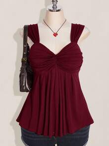 CurvyTilda Plus Size Women's Wine Twist Front Sleeveless Babydoll Knit Top, Y2K Style, Suitable For Graduation/Back To School Season, Summer Cute Tops