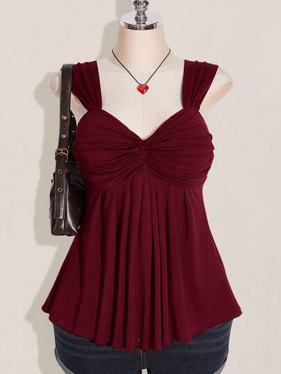 SHEIN ICON Plus Size Women's Wine Twist Front Sleeveless Babydoll Knit Top, Y2K Style, Suitable For Graduation/Back To School Season, Summer Cute Tops
