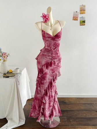 Soleia Vestido largo con cuello drapeado, estampado floral vintage y volantes en el bajo, estilo vacacional