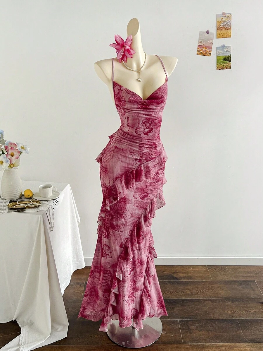 Soleia Women's Colorful Vintage Floral Print Draped Neck Layered Ruffle Hem Maxi Dress, Vacation Style Elegant Dress Women,White Dress For Civil Wedding ,Going Out Top ,Wedding Party Dress,Party Dress For Women,Elegant Party Dress,Christmas Dress ,Halloween Costume For Women, Winter Dress, Fall Women Clothes Rose Dress Orchid Dress Dinner Dress Ruffle Dress,Party