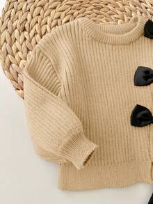 SHEIN 2件套女婴可爱棕色蝴蝶结针织毛衣和喇叭裤套装，秋冬 - 彩色 - 查看 3