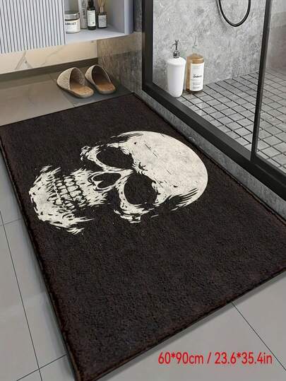 1PC Skull Pattern Non-Slip Bath Mat, Absorbent, Soft, Non-Slip, Easy To Clean, Machine Washable, Suitable For Bathroom, Kitchen, Shower Room, Home Decorations Halloween Home Decoration, Happy Halloween Halloween Decor Fall Decor Room Decor Autumn Decor