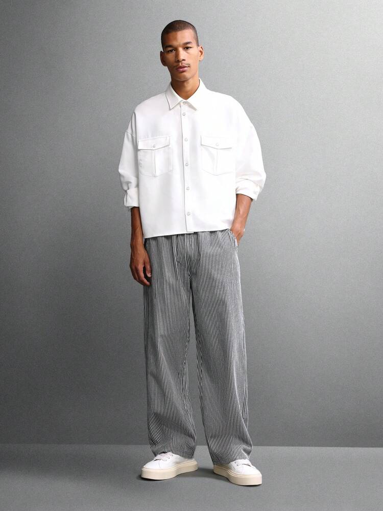 Wide Leg Striped Pleated Trouser With Barrel Fit