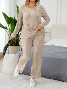 Calvaya 2pcs Fitted Casual Ribbed Brushed Long Sleeve Top With Built-In Padded Bra And Pants Set - Khaki - View 4