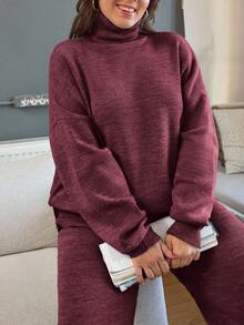 EURMUSE Plus Size Women Casual Solid Color High Neck Dropped Shoulder Loose Pullover Sweater And Sweater Pants Set, Autumn/Winter Two Piece Set Women Comfy - Burgundy - View 5