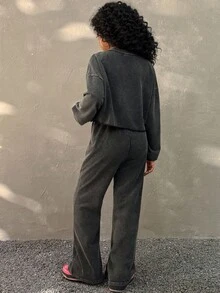 Coolane Kids 2 件青少年女孩街头服饰超大雪花印花运动服，亲子服装 - 黑色 - 查看 2