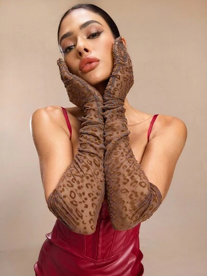 SHEIN Găng tay lưới dài họa tiết da báo, Găng tay ren mỏng dành cho nữ, Chống nắng khi lái xe, Phụ kiện hóa trang Halloween