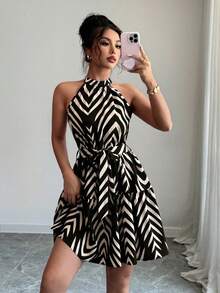 Selianne Váy ngắn không tay, thắt eo, họa tiết sọc xanh navy và mơ dành cho nữ đi nghỉ mát - màu đen - Xem 6