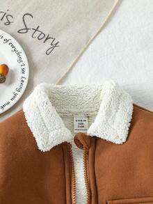 SHEIN Infant/Toddle Baby Boy Suede And Plush One-Piece Stand Collar Jacket, Stylish Street-Wear, Baby Boy Clothes, Children Clothing, Baby Boy Sets Baby Boy Fleece Jacket Winter Baby Clothes Baby Coat Baby Boy Winter Coat Baby Boy Jacket Fall - Brown - View 6