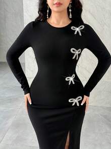 Modelyn Women's Rhinestone Bow Decor Long Sleeve Side Slit Hem Fitted Elegant Dress - Black - View 3