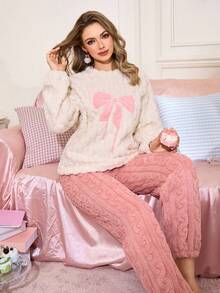 SHEIN SweetSlumber 蝴蝶结刺绣纹理抓绒柔软舒适女士蓬松睡衣套装，适合秋冬季节舒适保暖，冬季保暖蓬松睡衣，可爱睡衣，秋季服装 - 白色 - 查看 1