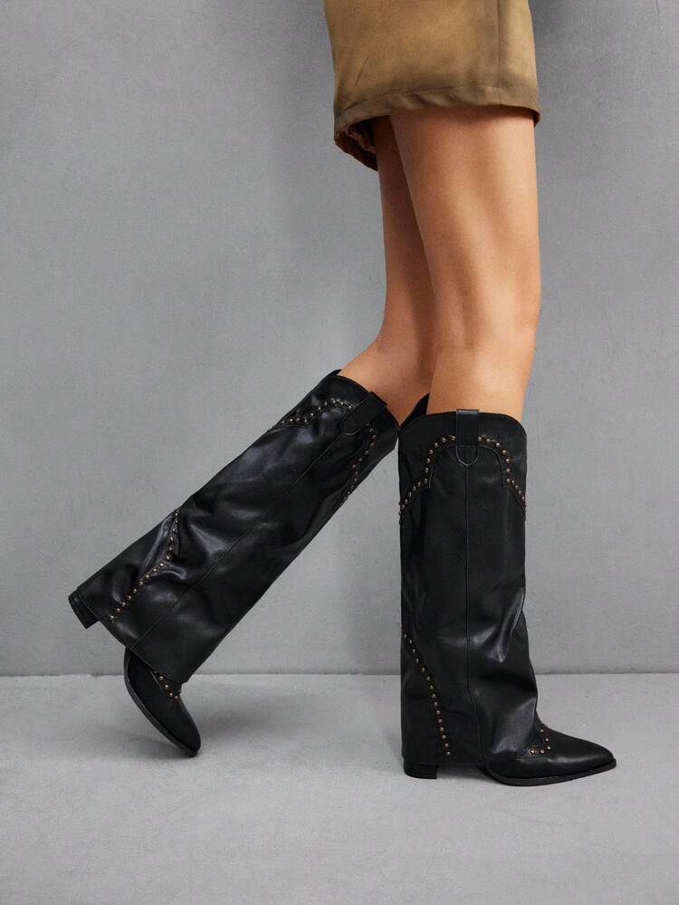 CUCCOO SZL Cuccoo Pointed Toe Thigh High Chunky Heel Tall Boots, Sexy Riding Boots For Women