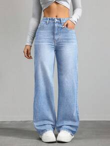 SHEIN ICON Women's Pocket Loose Wide Leg Casual Versatile Denim Pants - Light Wash - View 4