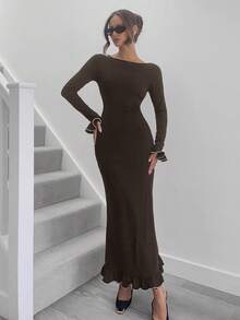 Siren Gaze 女士圆领喇叭袖鱼尾下摆优雅连衣裙生菜边连衣裙、感恩节连衣裙、圣诞派对连衣裙、新年连衣裙、除夕连衣裙，适合秋冬季 - 咖啡棕 - 查看 3