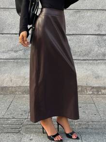 Livesso 优雅PU直筒女裙，秋冬皮裙 - 棕色 - 查看 2