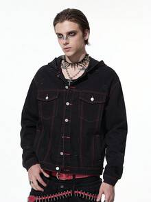 ROMWE MEN Grunge Punk Men's Dark Casual Style Front Button Long Sleeve Cross Denim Jacket Halloween - Black - View 4