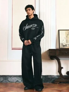 SWAVVY 2pcs Men's Standard Size Black Letter Print Pullover Sweatshirt & Pants Casual Sweatsuit Set, Fall Winter Clothes - Black - View 2