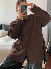 Livesso 女士纯色宽松休闲灯芯绒常规款外套，秋季女式大衣 - 咖啡棕 - 查看 7