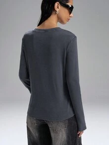 LYSMO 1 Áo thun dài tay màu xám đa năng, phù hợp mặc hàng ngày cho nữ - Xám - Xem 2