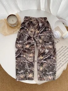 SHEIN Young Boys Casual Camo Print Woven Wide Leg Pants With Pockets,Straight Leg Lightweight Versatile Pants For Summer,School,Outings,Sports & Gatherings - Army Green - View 3