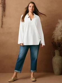 EMERY ROSE Plus Size Women's Winter Casual Commuter Plain Color Side Slit All White Casual Blouse Blouse Tops,Autumn/Winter,Winter For Women,Going Out,Fall For Women,Fall,2025 New,Casual Everyday Wear,Fall For Women,Winter Women,Comfortable And Breathable, V Neck Blouse, White Blouse Button Decoration,White Blouse,Soft And Comfortable,Breathable,Going Out,2025 New - White - View 4