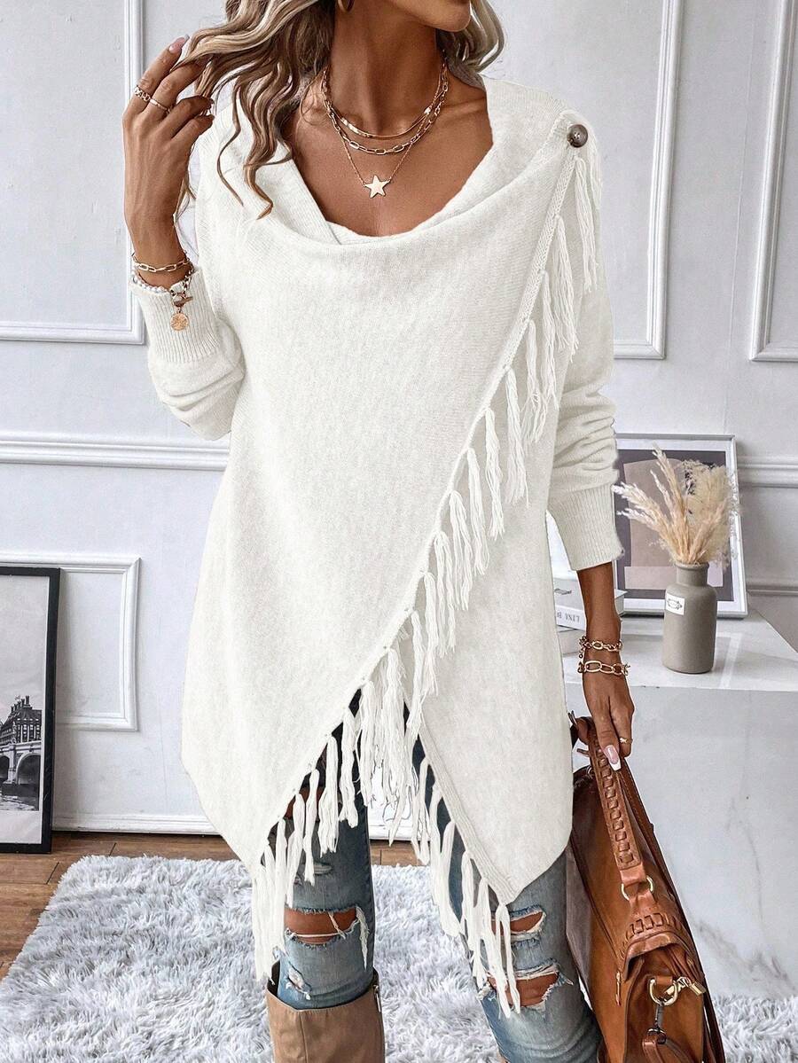 EMERY ROSE Fringe Trim Draped Collar Wrap Cardigan Asymmetrical Sweater Women Dresses Sweaterelegant Sweaterlong Sweaterlong Sleeve Sweater Fall Winter Cloth For Women Fringe Clothing Women Women Long Sleeve Tops Women Sweaters White Fringe Top Tassel Top - White - View 1