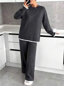 SHEIN Tall Minimalist Contrast-Trim Lounge Set – Soft Knit Long Sleeve Top & Wide-Leg Pants - Grey - View 5