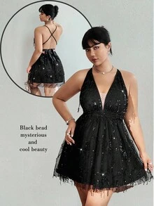 Viva Relle Plus Size Women's Sexy Glamorous Beaded & Sequin Party, Banquet, Wedding Guest Mini Dress, Spaghetti Strap Waist Cinched A-Line Short Dress - Black - View 1
