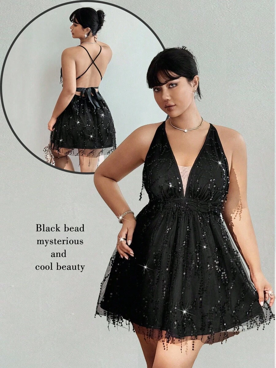 Viva Relle Plus Size Women's Sexy Glamorous Beaded & Sequin Party, Banquet, Wedding Guest Mini Dress, Spaghetti Strap Waist Cinched A-Line Short Dress - Black - View 1