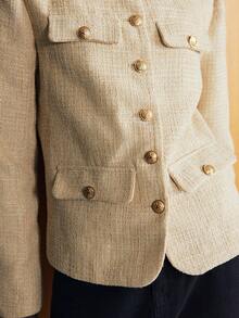 Lumivelle 粗花呢夹克，不对称纽扣，垫肩，修身剪裁，精致紧凑 - 卡其色 - 查看 6