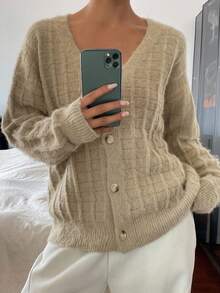 Women's Solid Color Drop Shoulder Long Sleeve Single-Breasted Casual Loose Cardigan, Autumn/Winter Jacket - Khaki - View 3