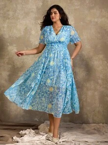 Roveilla Elegantes Kleid in Große Größen mit blauem Allover-Muster, V-Ausschnitt und Rüschensaum, Sommer - Verschiedenfarbig - Übersicht 5